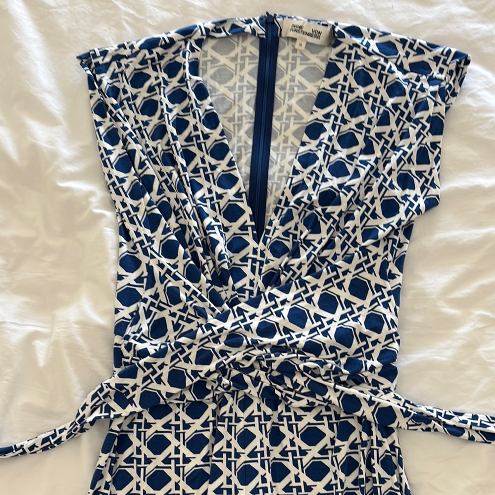 Blue and White Patterned Wrap Dress